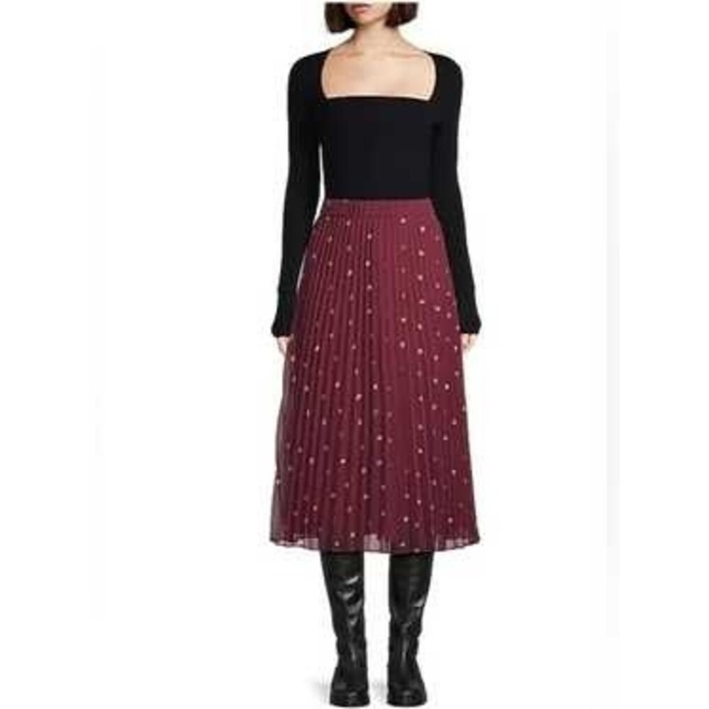 Jason Wu Burgundy Pleated Midi Skirt with Metallic Dot Accents